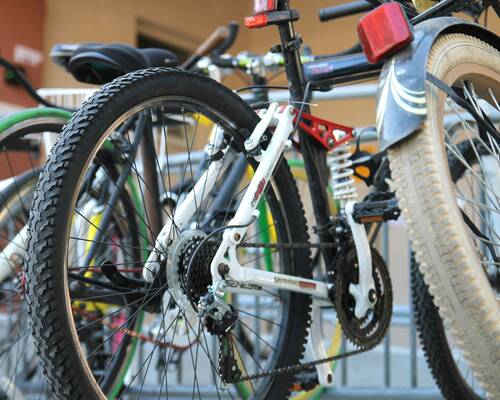 bicycles resting in a rack.